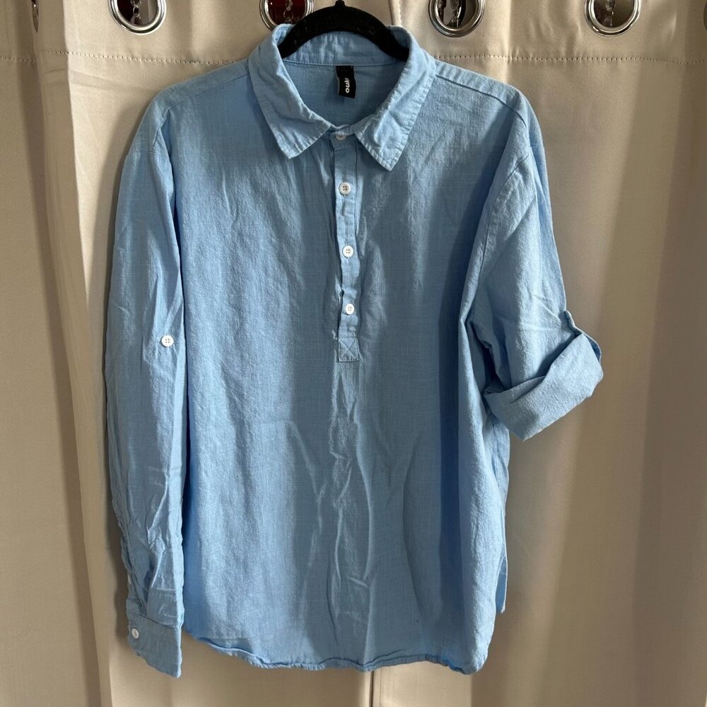 Ouku Womens Top Blue Cotton Linen Roll Tab Beachy Nautical Preppy‎ Boho 17757